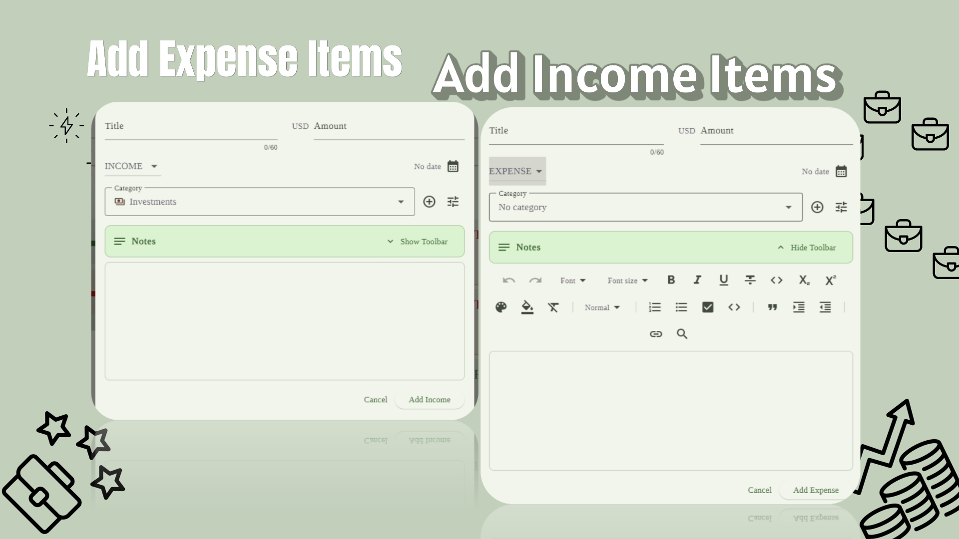 Add expense and add income entry forms