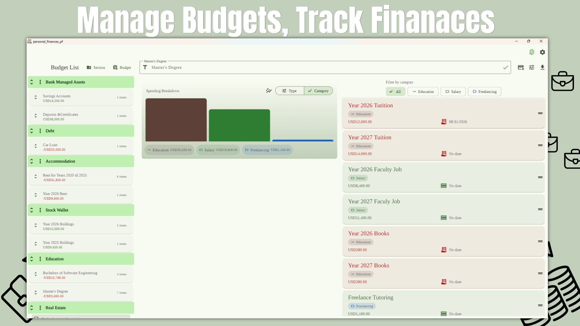 Main dashboard view with budgets and totals