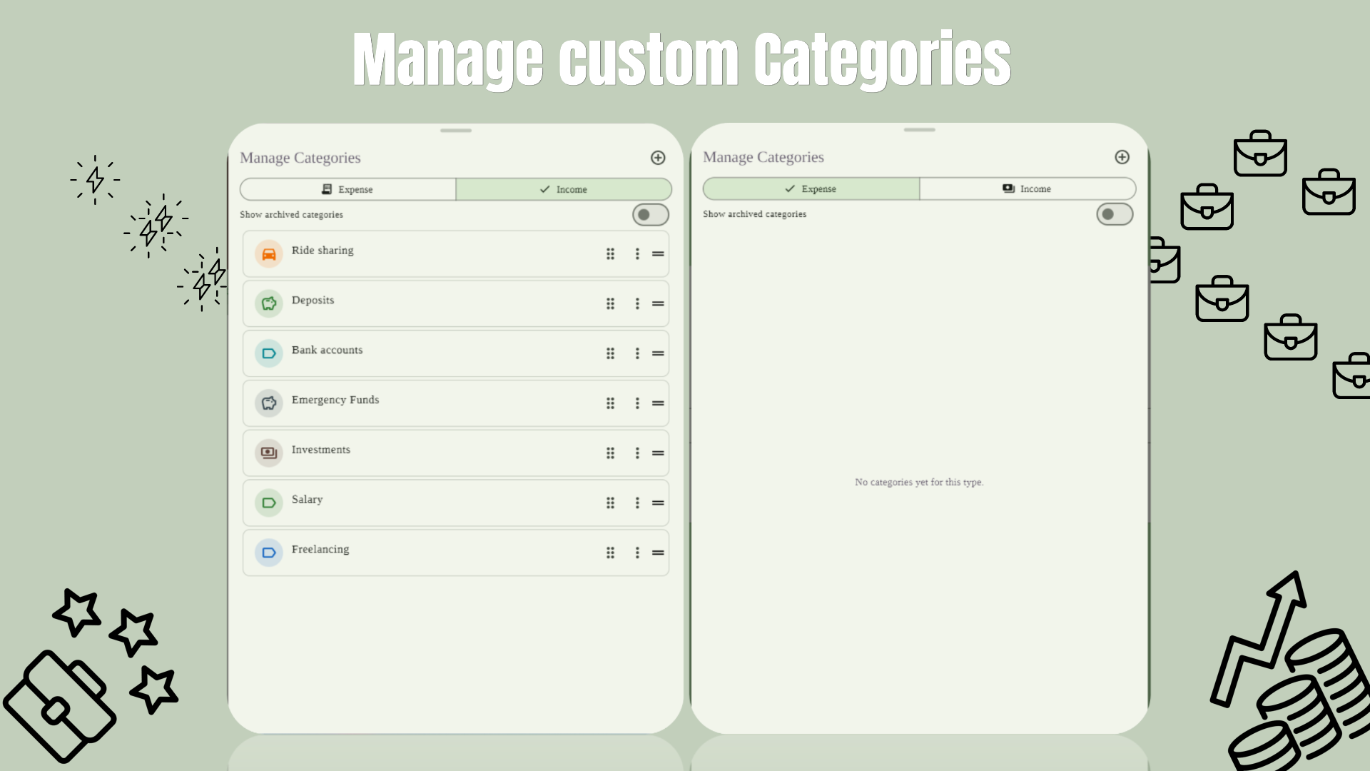 Manage custom categories screen