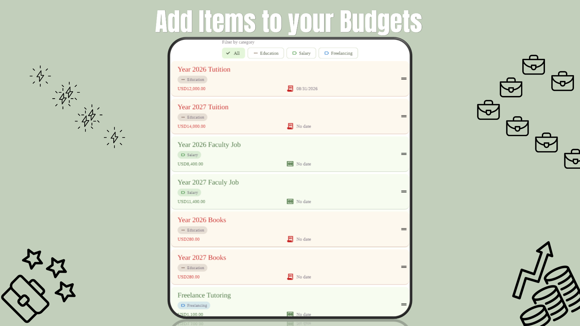 Transactions list with filters and details